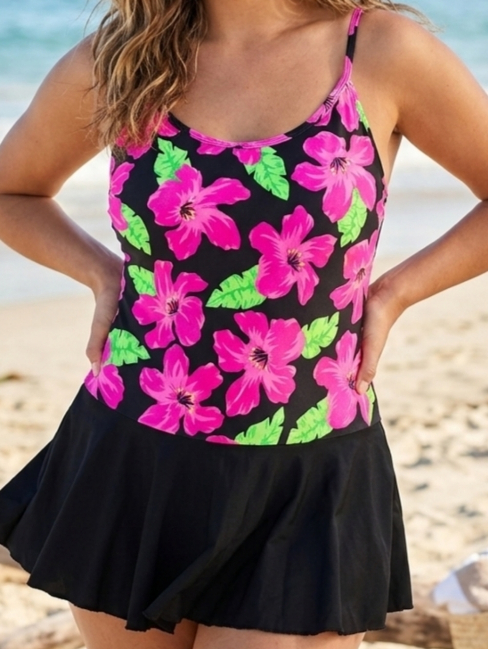 [[Summer Beach]] Vintage Womand Black Floral Pink One-Piece Swim Dress